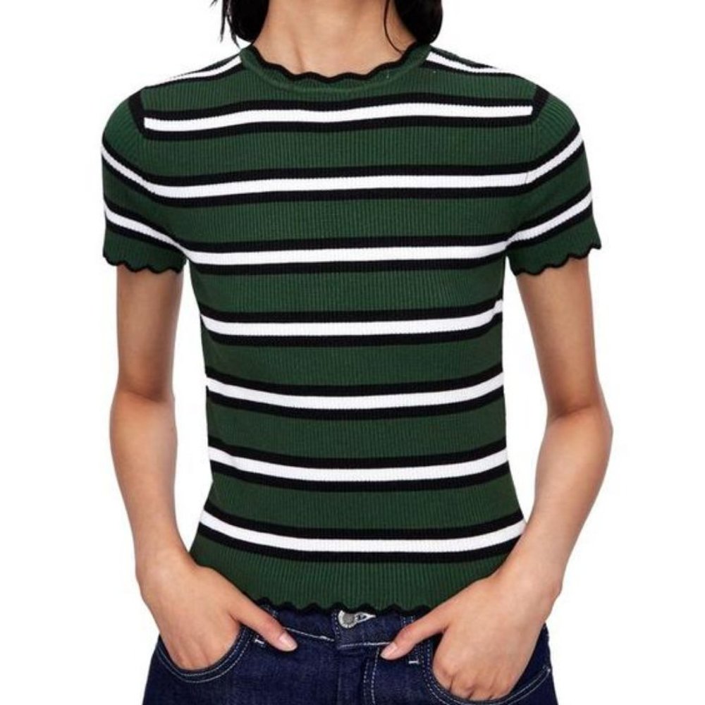 Green Short Sleeve Sweater with White Stripes
